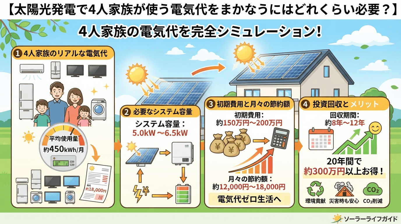 太陽光発電で4人家族が使う電気代をまかなうにはどれくらい必要？