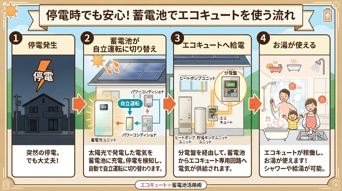 停電時に蓄電池でエコキュートを使う流れ図解