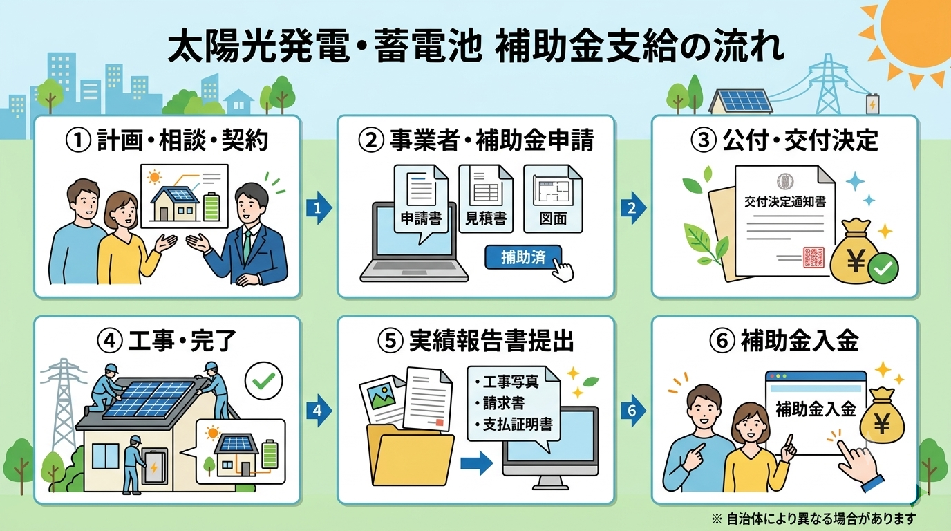 太陽光発電・蓄電池補助金支給の流れ